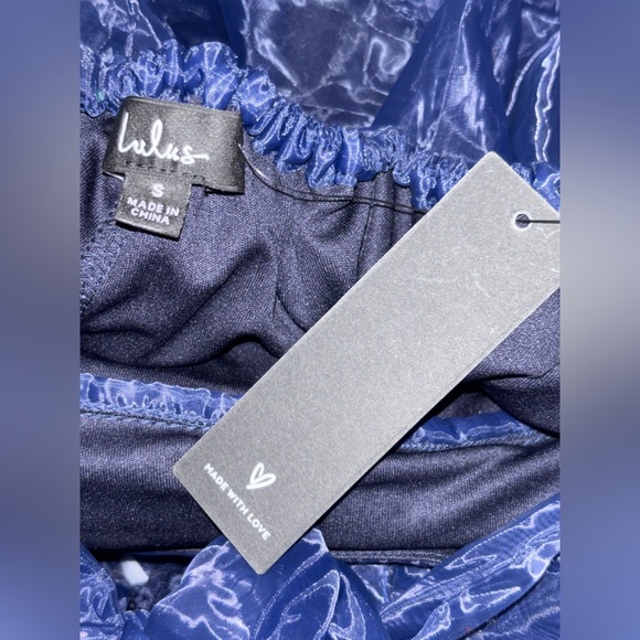 Lulus Significant Splendor Navy Organza Pleated Puff Sleeve Midi Dress size S - Picture 7 of 8